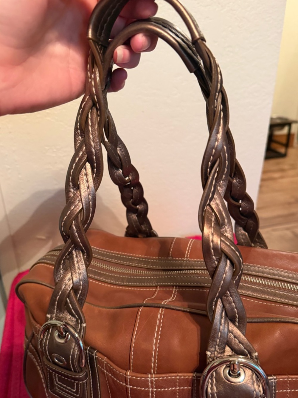 Coach Brown Leather Satchel with Braided Metallic Handles - Picture 7 of 12